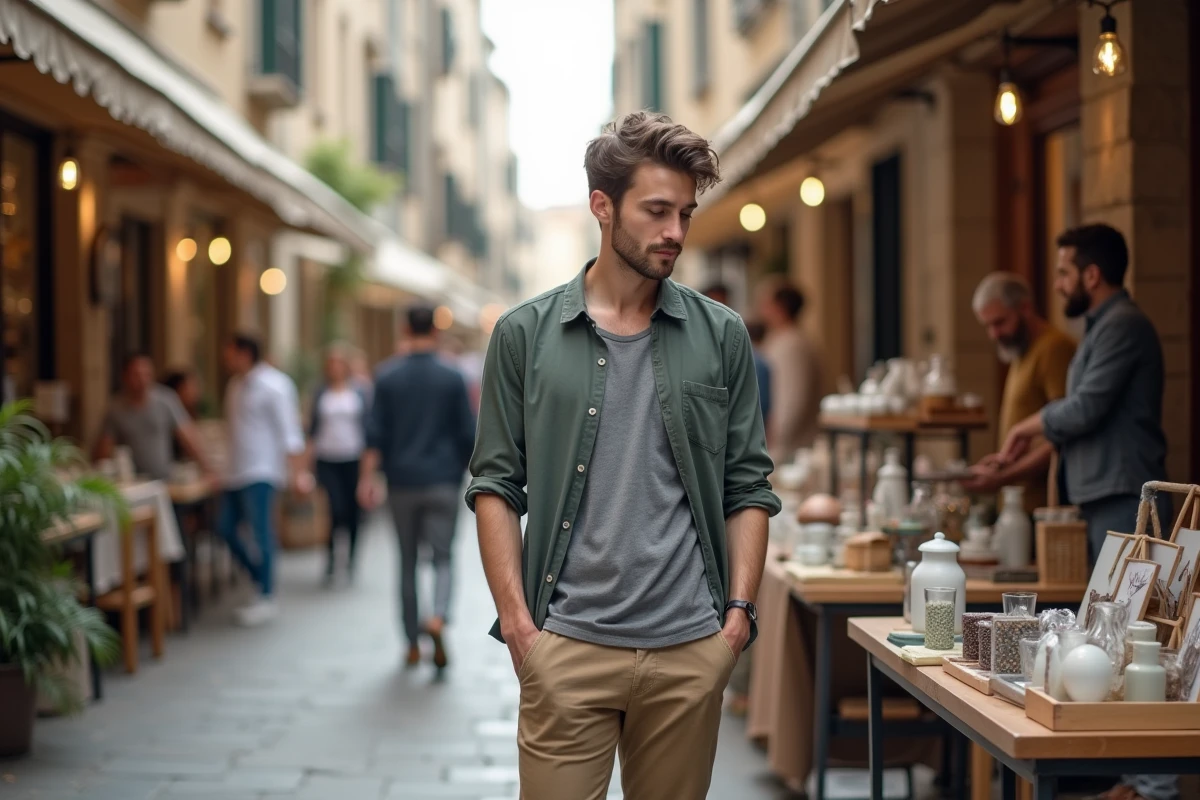 Jeune homme sélectionnant une sculpture dans un marché artisanal en plein air