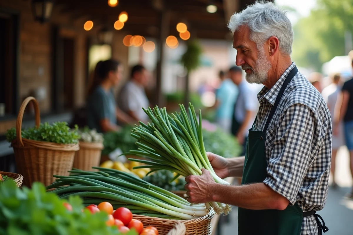 Homme d age choisissant des légumes au marché