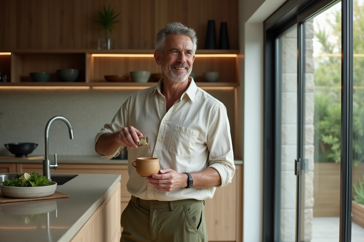 Homme versant du thé dans une cuisine contemporaine