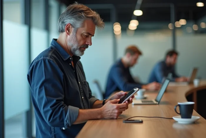 Homme consultant un smartphone pour suivre les actualités technologiques dans un espace de coworking