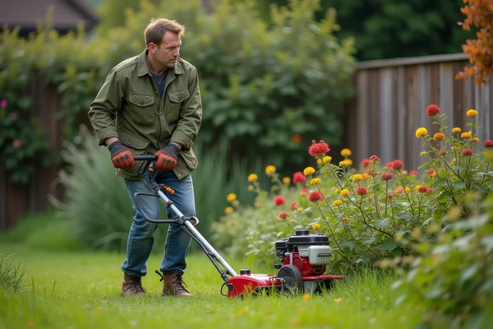 Homme d'âge moyen utilisant une tondeuse à gaz dans un jardin verdoyant