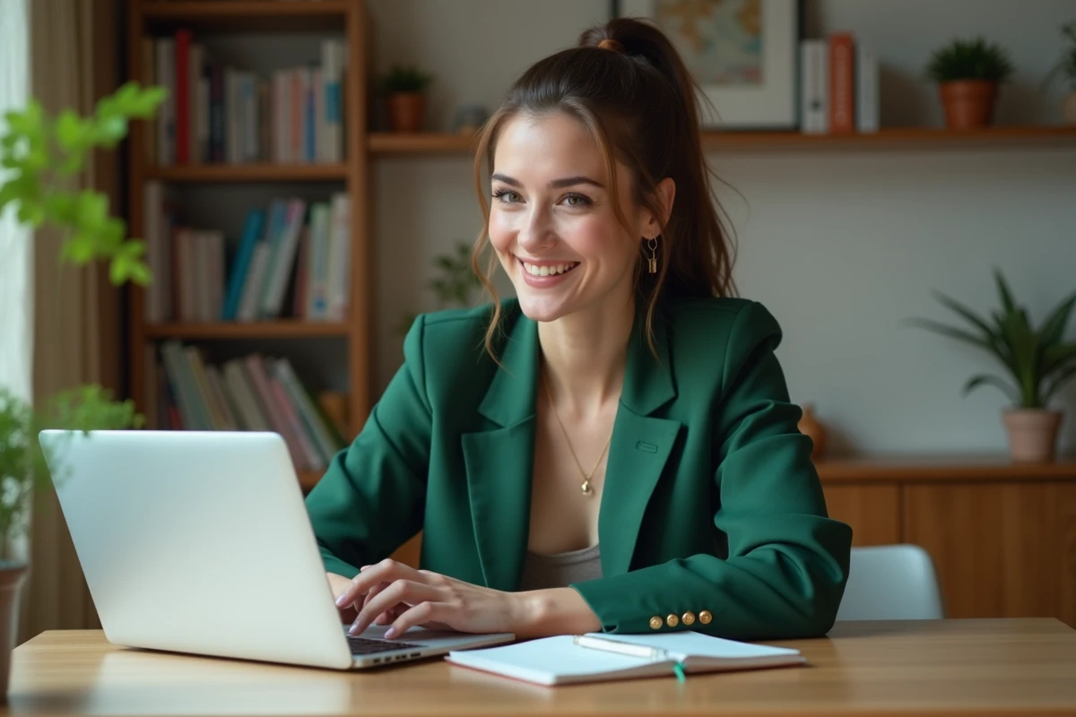 Influenceuse assise à son bureau avec ordinateur et carnet