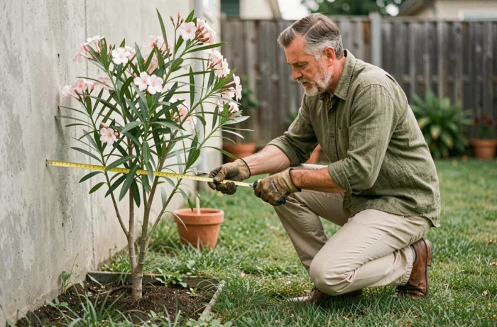 Jardinier mesurant la distance entre un jeune laurier rose et un mur de jardin en béton avec un mètre ruban jaune, conseils de plantation