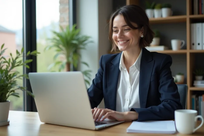 Jeune femme en blazer assise à un bureau moderne avec ordinateur et café
