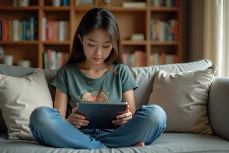 Jeune femme lisant manga sur tablette dans un salon cosy