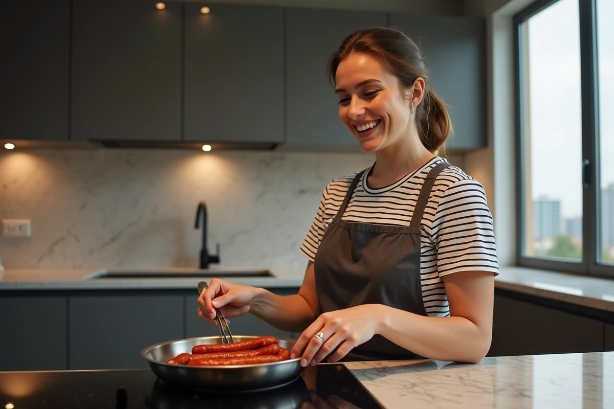 Femme souriante disposant des merguez sur une assiette dans la cuisine