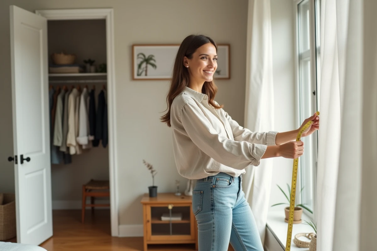 Jeune femme mesurant une chambre ensoleillée dans un appartement rénové
