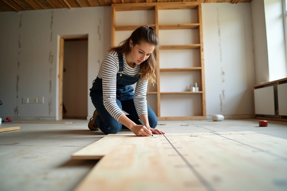 Jeune femme en overalls mesurant un panneau de bois