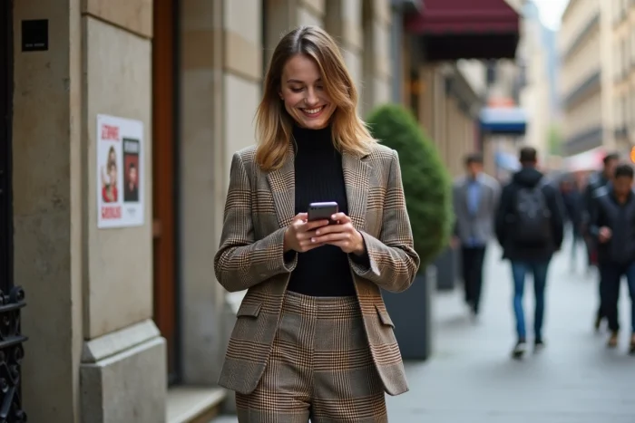 Jeune femme mode urbaine souriante vérifiant son téléphone