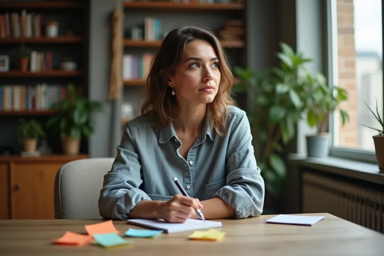 Jeune femme curieuse prenant des notes dans un appartement cosy