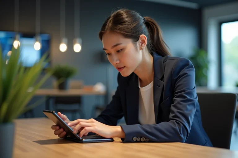Jeune femme utilisant un smartphone pliable dans un espace de travail moderne