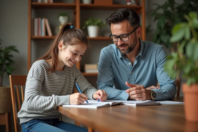Jeune fille concentrée avec son tuteur dans un salon chaleureux