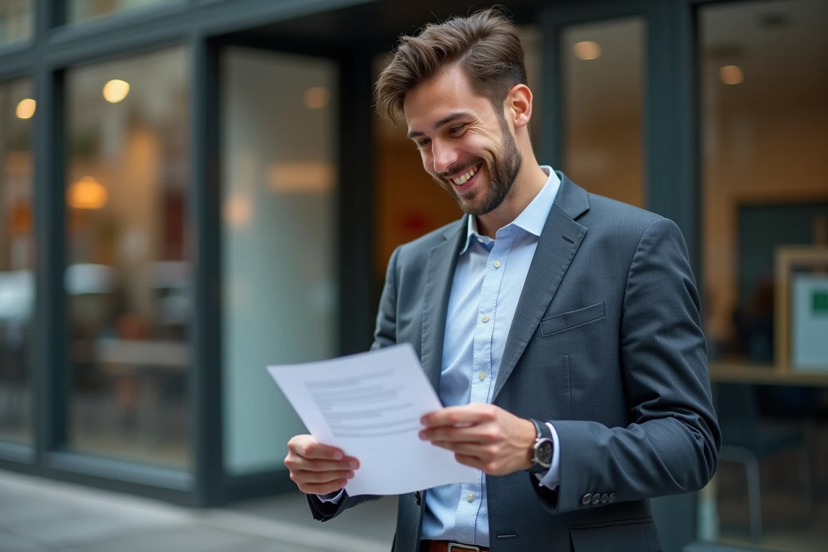 Jeune homme souriant avec lettre de mortgage devant agence immobiliere