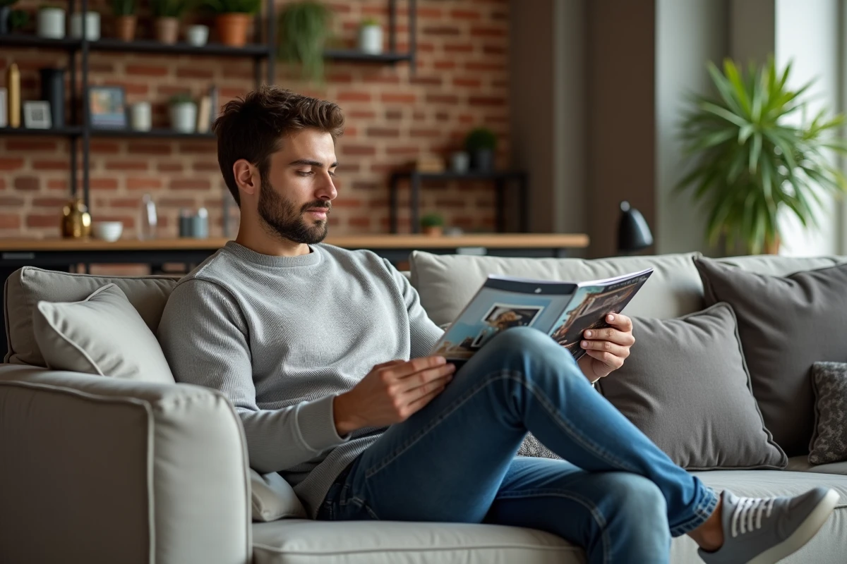 Jeune homme lisant magazine dans un salon moderne