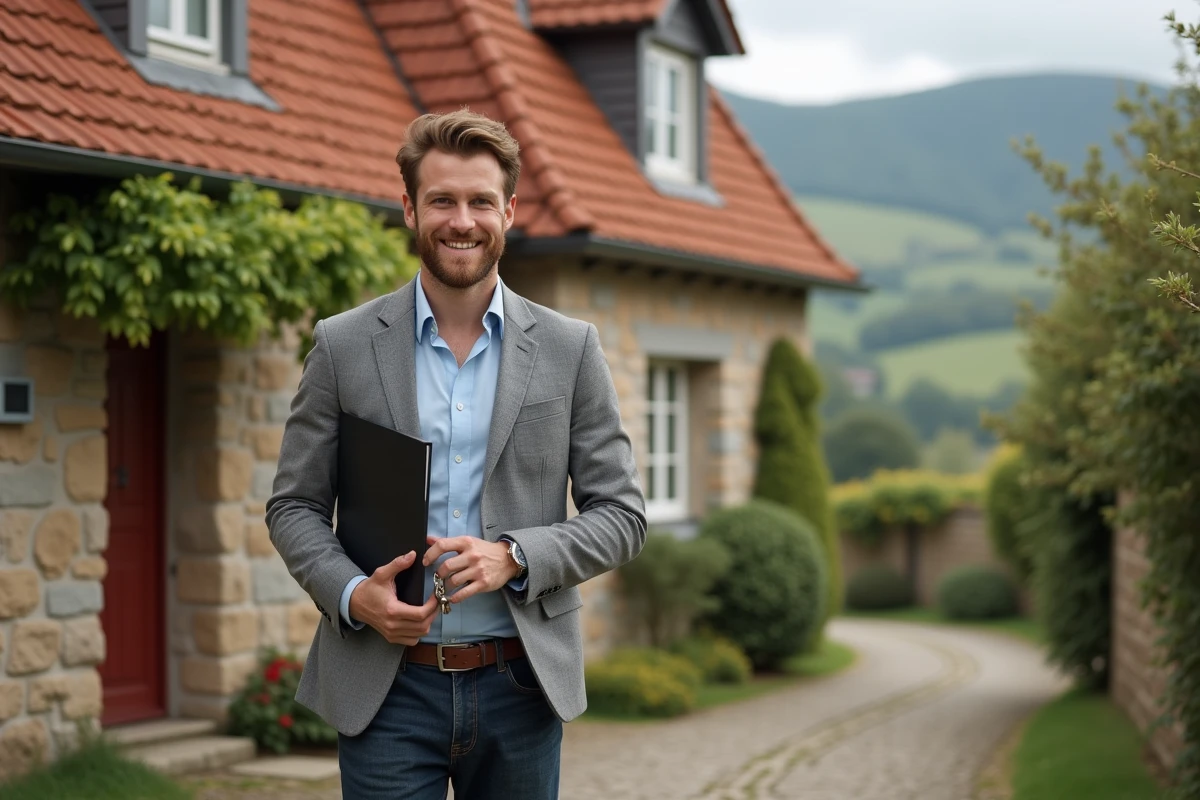 Jeune homme confiant devant une maison lorraine avec clés et dossier