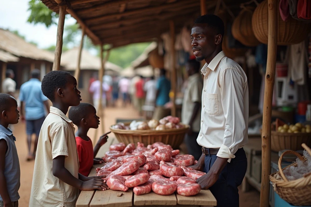 Jeune homme malgache au marché avec enfants