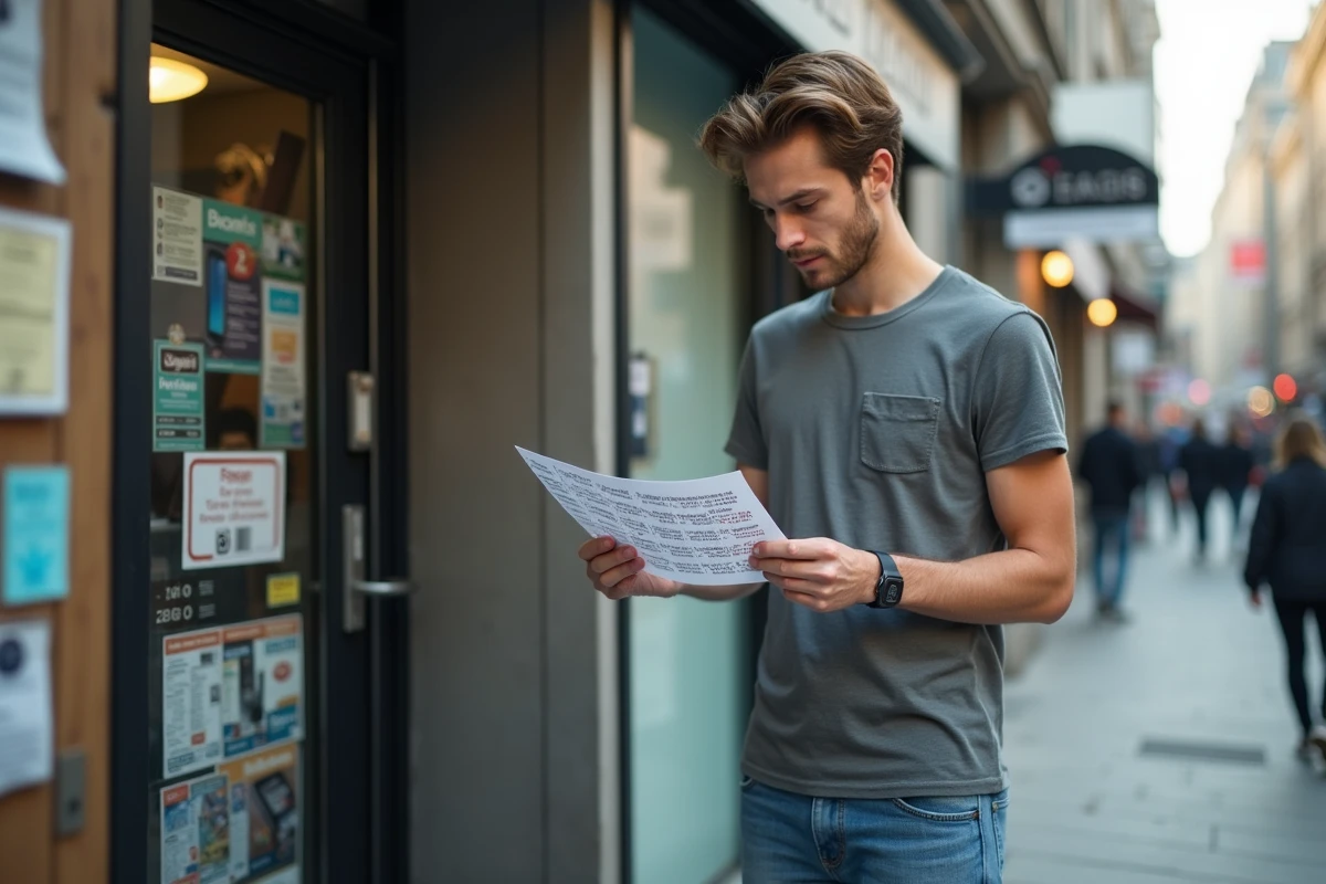 Jeune homme examine une feuille devant un magasin de téléphones