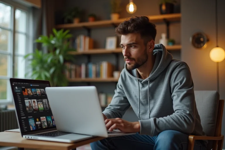 Jeune homme concentré regardant un site de streaming dans un salon moderne