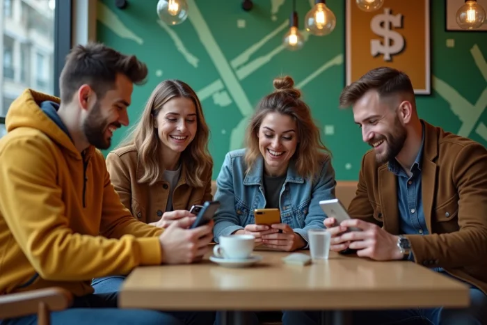 Groupe de jeunes adultes dans un café urbain avec smartphones