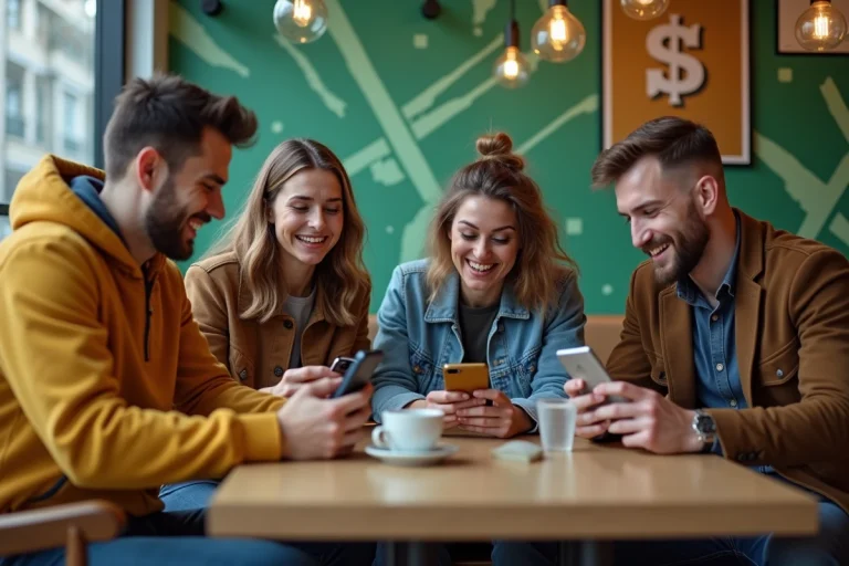 Groupe de jeunes adultes dans un café urbain avec smartphones