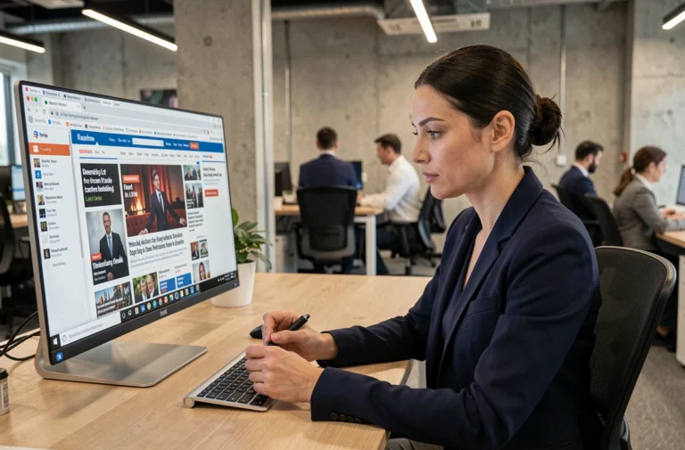 Journaliste femme consultant les actualités du jour sur un écran d'ordinateur dans une salle de rédaction moderne