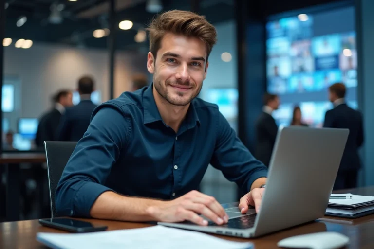 Jeune journaliste sportif au bureau dynamique
