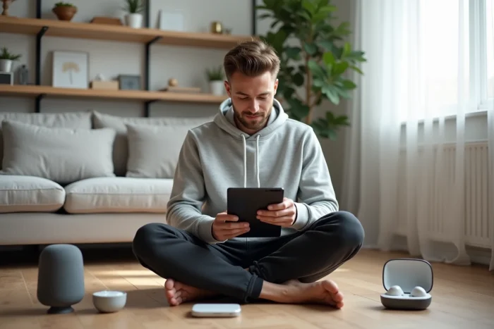 Jeune homme entouré d'appareils connectés dans un salon maison intelligente tendance 2024