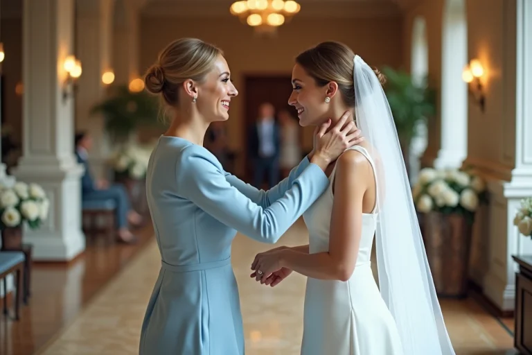Femme en robe bleue ajustant le voile de la mariée