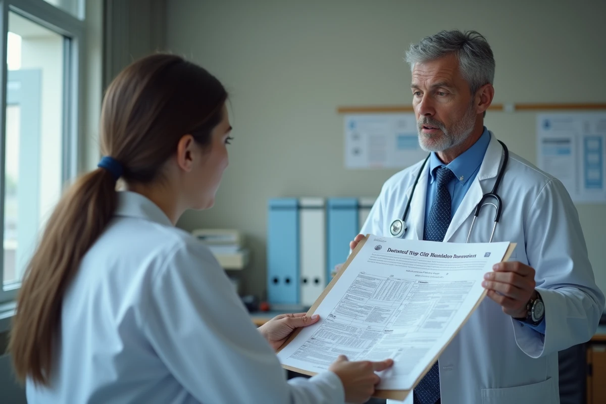 Medecin expliquant un graphique a un patient en consultation