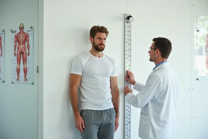 Un homme mesuré par un professionnel de santé dans une clinique française, illustrant la mesure de la taille masculine en France