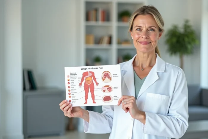 Nutritionniste femme tenant un tableau alimentaire sur les bienfaits du pied de porc riche en collagène dans un cabinet médical moderne