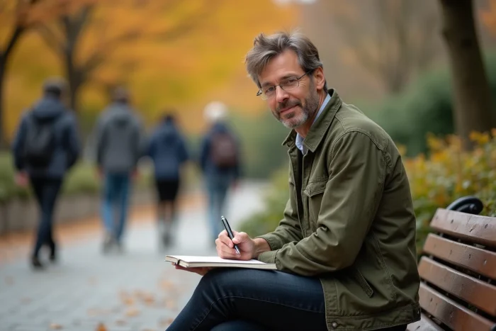 Personne en pleine réflexion sur sa transition de carrière en prenant des notes dans un parc en automne