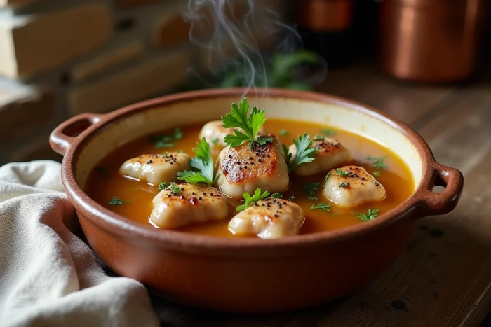 Bol rustique de pieds de porc mijotés en bouillon doré garni de persil frais sur une table en bois de chêne dans une cuisine de ferme française
