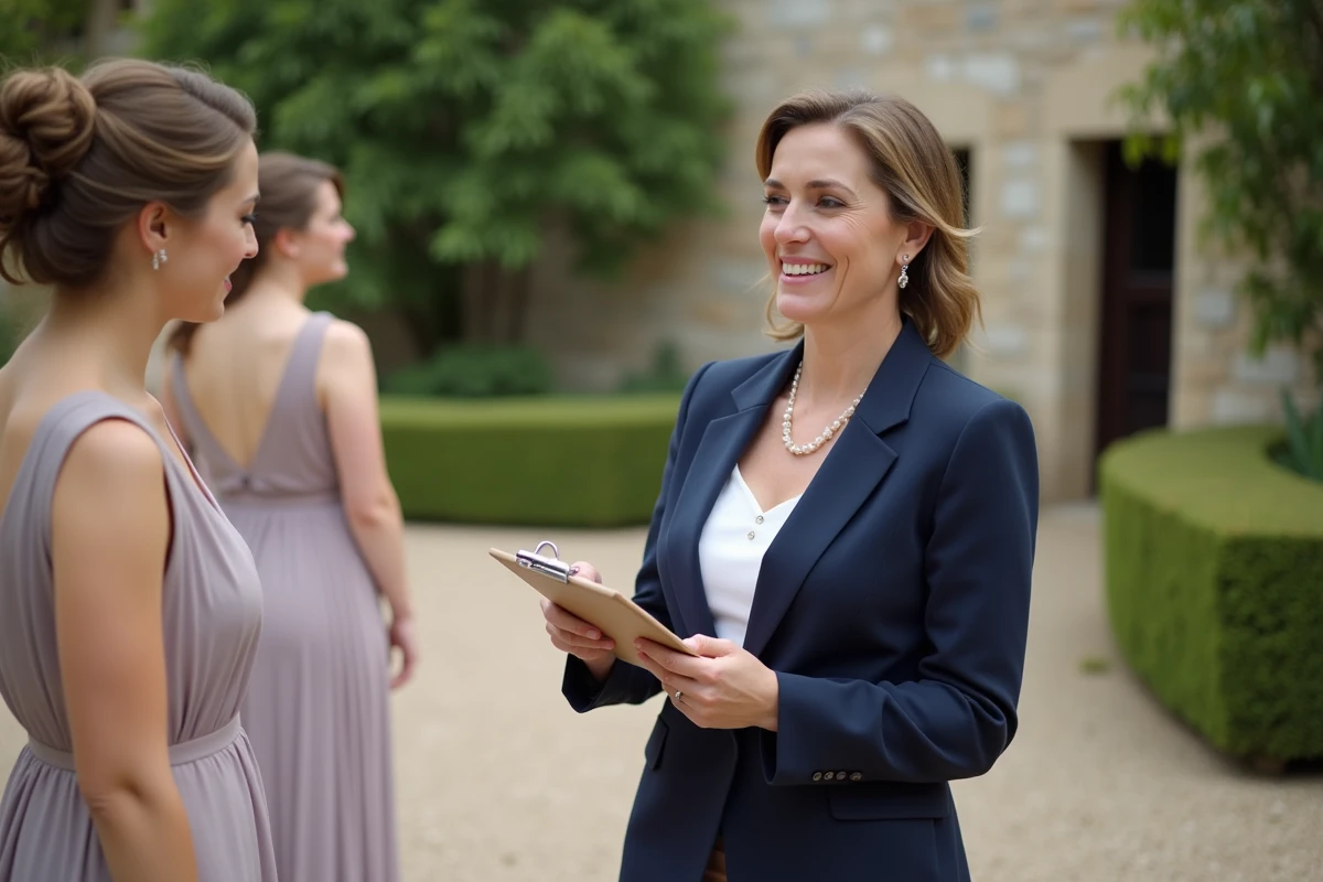 Femme en costume parlant avec demoiselles d