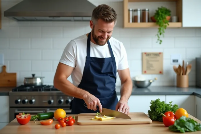 Homme coupant des légumes frais sur une planche en bois dans une cuisine moderne, technique de préparation culinaire