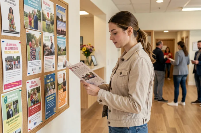 Jeune femme consultant un programme d'événements locaux affiché dans un centre communautaire à Laval