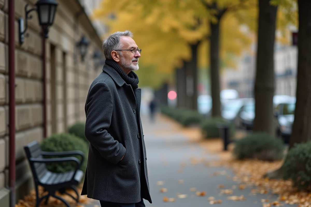 Homme français marche seul dans une rue urbaine en automne
