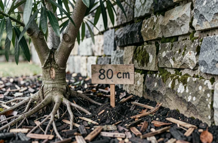 Base du tronc d'un laurier rose avec étalement des racines visibles au sol près d'un vieux mur en pierre, panneau indiquant la distance de plantation recommandée