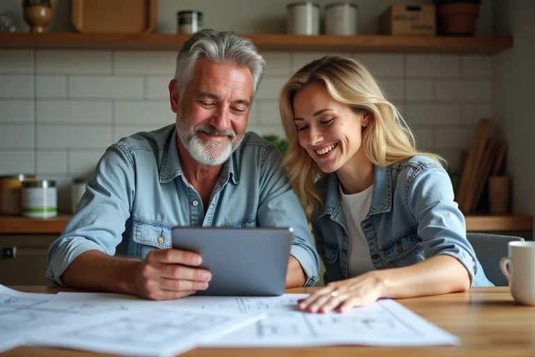 Couple de rénovateurs souriants à la table de cuisine