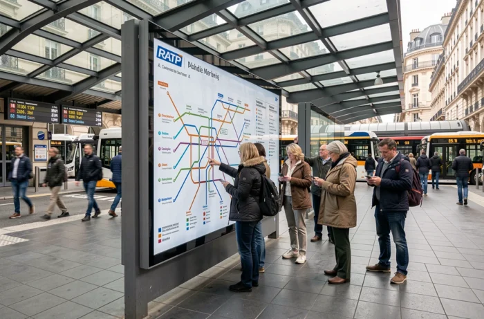 Weitwinkelansicht einer Pariser Bushaltestelle mit einem Netzplan der RATP und umsteigenden Fahrgästen