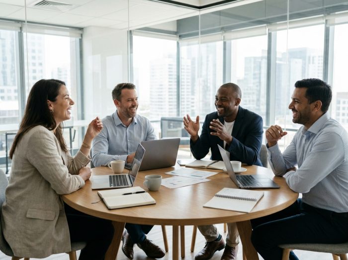 Équipe d'une agence de communication en réunion collaborative avec des représentants du secteur éducatif autour d'une table de travail