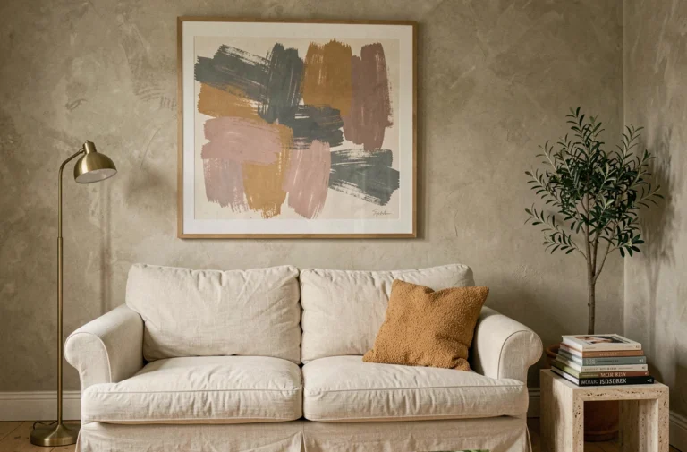 Salon parisien décoré avec une affiche d'art French Touch aux tons ocre et rose poudré, sofa en lin crème et table en travertin