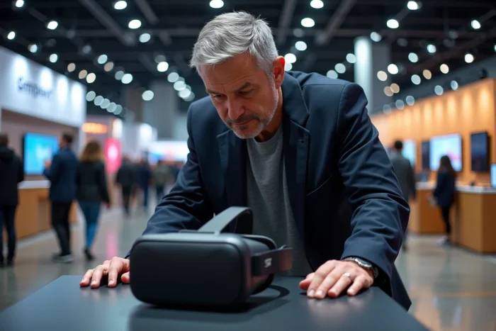 Homme examinant un casque de réalité augmentée lors d'un salon technologique