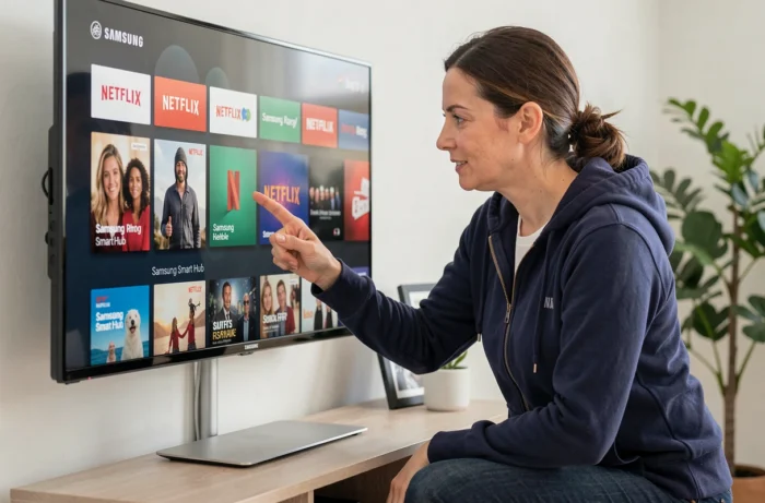 Femme sélectionnant l'application Netflix sur l'interface Smart Hub d'une TV Samsung