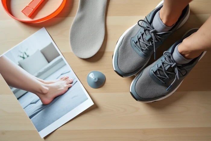 Semelle orthopédique et coussin de talon en gel posés près de chaussures de sport comme solutions contre l'épine calcanéenne