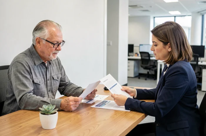 Un senior et une conseillère de mutuelle santé examinant ensemble des documents sur la téléassistance senior dans une agence professionnelle