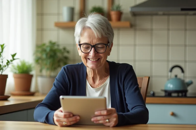 Une femme senior souriante utilisant une tablette numérique à la maison, accompagnée par un service d'aide aux seniors connectés