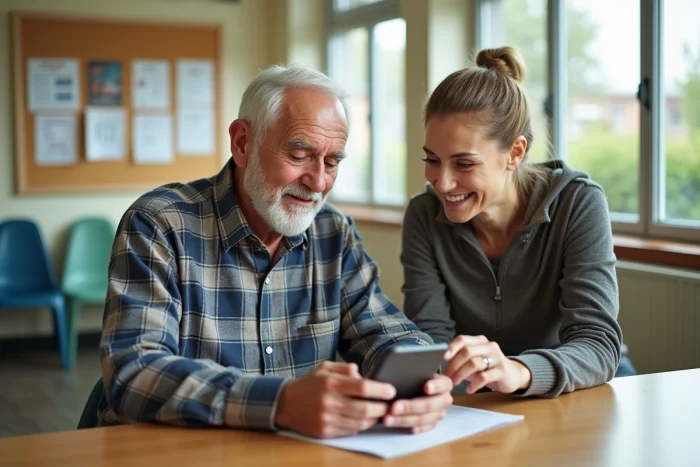 Un senior apprenant à utiliser son smartphone avec l'aide d'une accompagnatrice numérique dans un espace communautaire