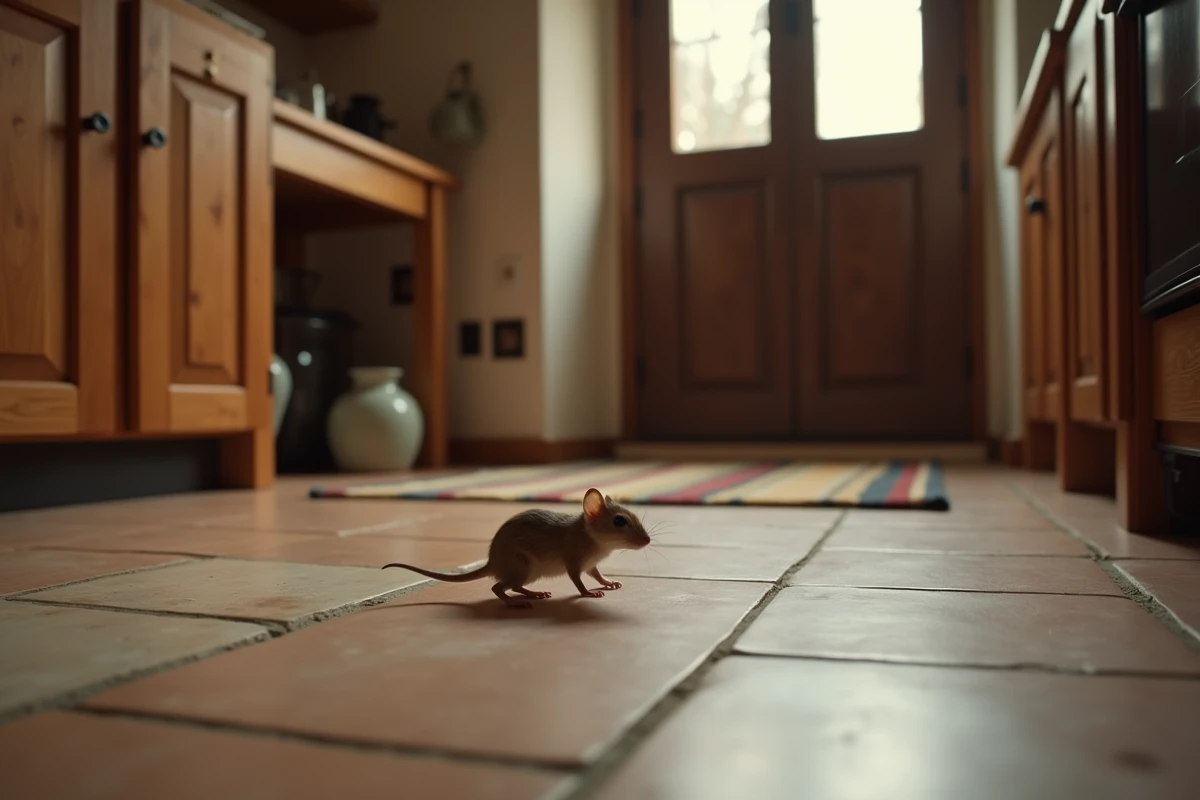 Petite souris se déplace dans une cuisine de ferme rustique