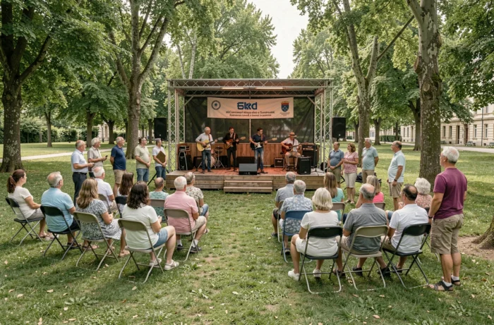 Spectacle musical en plein air dans un parc de Laval avec un public varié assistant à une performance sur scène